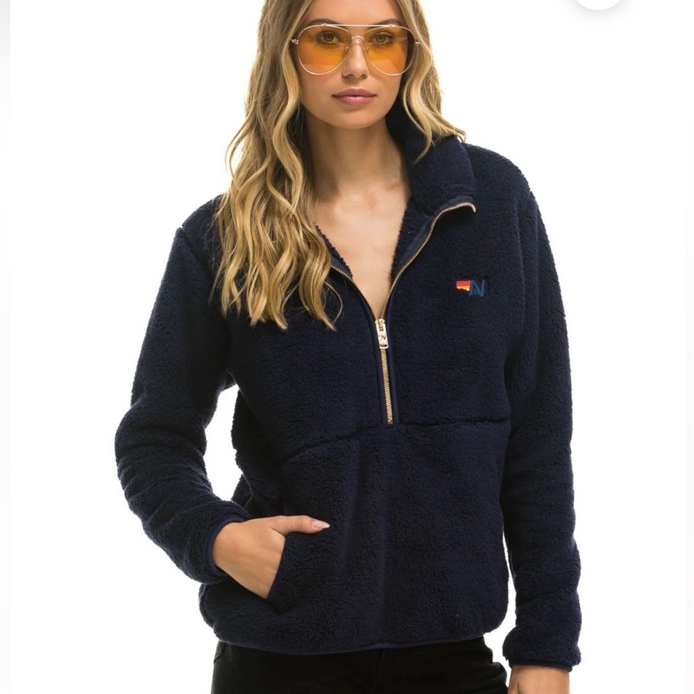 Aviator Nation Navy Sherpa Teddy Jacket with Small Multicolor Logo